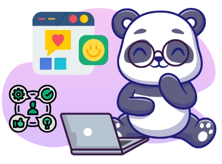 Ein Cartoon-Panda mit Brille sitzt auf einem Laptop, auf dessen Webseite positive Feedback-Symbole und ein Diagramm, das Teamarbeit und Ideen darstellt, zu sehen sind.