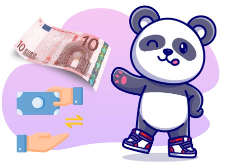 Ein Cartoon-Panda winkt aufgeregt, während Euro-Banknoten in der Nähe herumschweben.