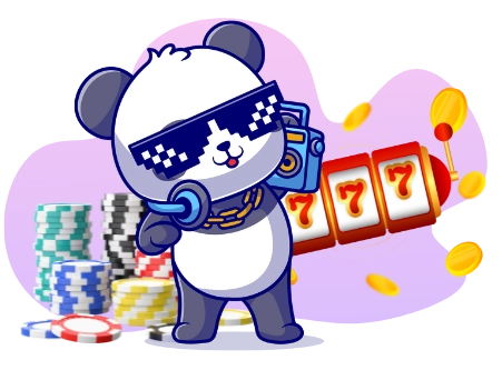 Eine coole Panda-Cartoonfigur mit Sonnenbrille und einem Boombox steht neben einem Spielautomaten mit drei Siebenern, umgeben von Casino-Chips und Münzen.