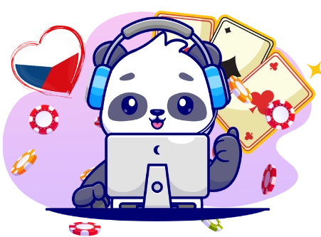 Ein Panda-Cartoon-Charakter mit Kopfhörern benutzt einen Computer, im Hintergrund sind die tschechische Flagge, Spielkarten und Casino-Chips zu sehen.