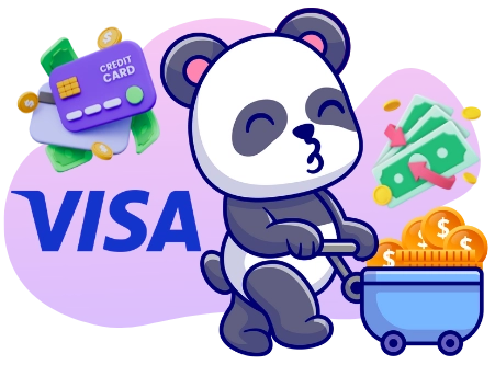 Ein Cartoon-Panda, der einen Kuss bläst, während er einen Wagen voller Münzen schiebt, mit einem Visa-Logo, Kreditkarten und Geld, das umher schwebt.