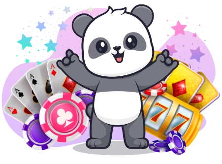 Eine fröhliche Panda-Cartoonfigur feiert mit erhobenen Armen, umgeben von Spielkarten, Casino-Chips und einem Spielautomaten mit drei Siebenern.