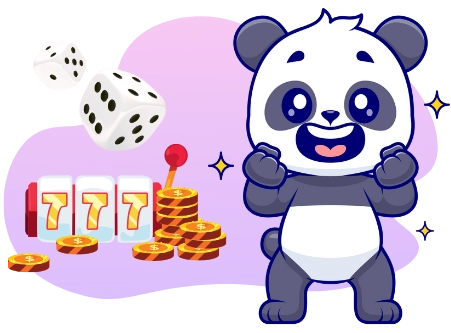 Ein Panda feiert mit erhobenen Armen, neben einem Spielautomaten, der 