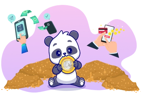 Ein Cartoon-Panda sitzt auf einem Münzstapel und hält eine Goldmünze, während Hände gezeigt werden, die Smartphones für verschiedene Transaktionen nutzen, einschließlich Geld senden, Zahlungen tätigen und Geld empfangen, was die Bequemlichkeit und Einfachheit moderner Finanzmethoden hervorhebt.