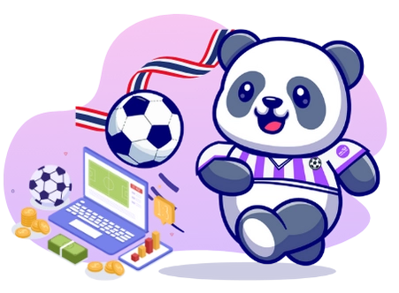 Ein Cartoon-Panda trägt ein Fußballtrikot und schießt einen Ball in Richtung eines Laptops mit einem Spielstand und Geld, was auf Online-Sportwetten hinweist.