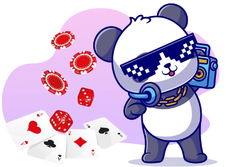 Ein Cartoon-Panda mit Sonnenbrille und Kopfhörern, der einen Boombox hält. Um ihn herum schweben Spielkarten und Würfel, was auf ein spaßiges und energiegeladenes Casino- oder Gaming-Thema hinweist.