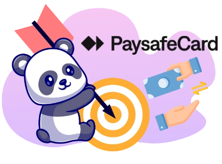 Eine Panda-Cartoonfigur zielt mit einem Pfeil auf eine Zielscheibe, mit dem „PaysafeCard“-Logo und einer Illustration einer Bargeldtransaktion im Hintergrund.