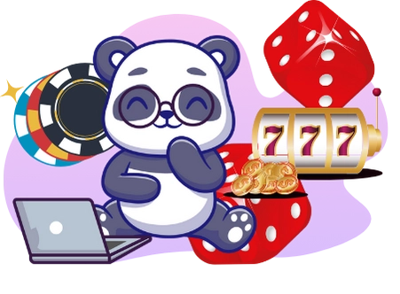 Ein niedlicher Panda mit Brille, der einen Laptop benutzt und von Würfeln, Münzen und einem Spielautomaten mit der Zahl 777 umgeben ist, was auf den Fokus auf Online-Casino-Spiele hinweist.