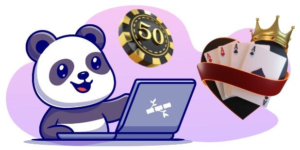 Eine Panda-Cartoonfigur benutzt einen Laptop, mit einem Casino-Chip, Spielkarten in Herzform und einer Krone im Hintergrund.