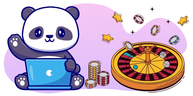 Eine süße Panda-Cartoonfigur sitzt an einem Laptop und winkt, während ein Rouletterad sich dreht und Casino-Chips in der Nähe verstreut sind.