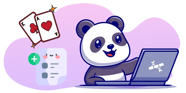 Ein fröhlicher Panda-Cartoon-Charakter benutzt einen Laptop, mit Spielkarten und einer Checkliste mit einem Pluszeichen im Hintergrund.