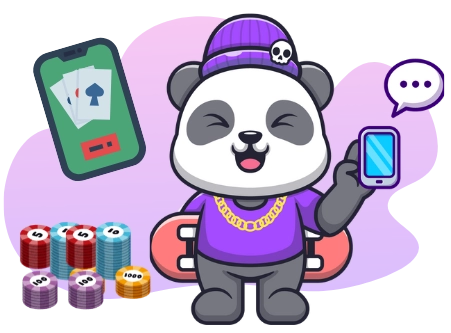 Ein fröhlicher Panda chattet und spielt Casino-Spiele auf seinem Handy, mit einer Sprechblase, Pokerchips und einer Mütze.