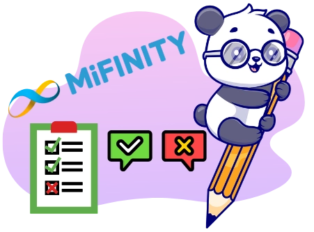 Eine Panda-Cartoonfigur mit Brille hält einen Bleistift, zusammen mit dem „MiFinity“-Logo, einer Checkliste und Sprechblasen mit Häkchen und einem X.