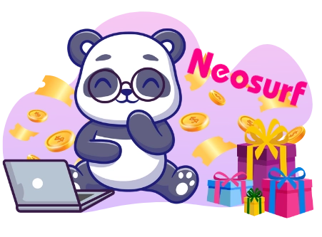 Eine Panda-Cartoonfigur mit Brille sitzt vor einem Laptop, umgeben von Münzen, Geschenkboxen und dem Wort „Neosurf“.