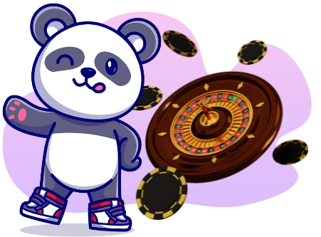 Ein zwinkernder Cartoon-Panda in Sneakers deutet auf ein Roulette-Rad und fliegende Pokerchips.