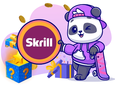 Eine coole Panda-Cartoonfigur mit einem Skateboard zeigt auf das Skrill-Logo und steht neben einer Geschenkbox mit einem Fragezeichen sowie anderen Geschenken.