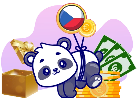 Ein Panda-Cartoon-Charakter, der mit einem Faden an Luftballons mit der tschechischen Flagge und Euro-Münzen gebunden ist, umgeben von einer Geschenkbox, Geld und weiteren Euro-Münzen.