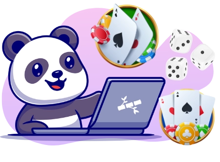 Ein Cartoon-Panda, der lächelt, während er einen Laptop benutzt, mit Spielkarten und Würfeln, die in der Nähe schweben und Online-Glücksspiel oder Gaming andeuten.