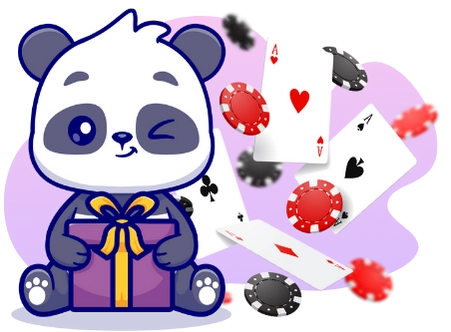 Ein niedlicher Cartoon-Panda sitzt und hält ein verpacktes Geschenk, umgeben von fallenden Spielkarten und Pokerchips, was auf aufregende Casino-Belohnungen und Boni hinweist.