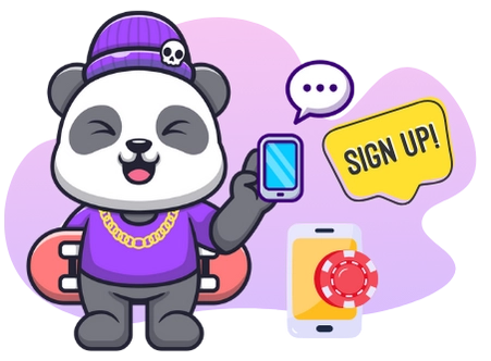 Ein cooler Panda mit einer Mütze, der ein Handy hält, daneben ein „JETZT ANMELDEN!“-Button und ein Smartphone mit einem Casino-Chip, was zu einer Aktion für Online-Casino-Anmeldungen auffordert.