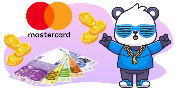 Eine coole Panda-Cartoonfigur mit Sonnenbrille und einer goldenen Kette steht umgeben von Euro-Banknoten, Münzen und dem Mastercard-Logo.