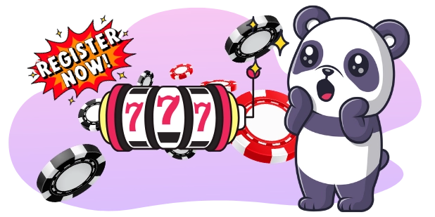 Eine überraschte Panda-Cartoonfigur schaut auf einen Spielautomaten mit drei Siebenern in einer Reihe, während die Worte „REGISTER NOW!“ in einer Sprechblase erscheinen.