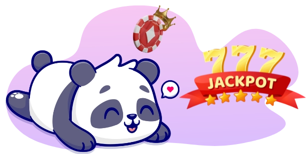 Ein Cartoon-Panda liegt entspannt mit einer herzförmigen Sprechblase, umgeben von einer Krone, einem Casino-Chip und den Worten „777 JACKPOT“ mit fünf Sternen.