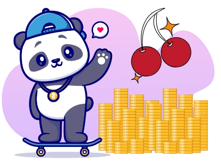 Ein cooler Panda mit einer Mütze fährt Skateboard und winkt Kirschen zu, umgeben von Münzstapeln, was auf Online-Casino-Gewinne und Belohnungen hinweist.