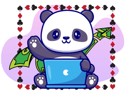 Ein Cartoon-Panda sitzt an einem Laptop, aus dem Geld herausfliegt, umgeben von Symbolen von Spielkarten, was auf Online-Glücksspiel oder -Spiele mit möglichen Gewinnen hinweist.