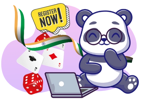 Eine lächelnde Panda-Cartoonfigur mit Brille sitzt an einem Laptop, umgeben von Spielkarten und Würfeln, mit einer Sprechblase „REGISTER NOW!“ vor der indischen Flagge.