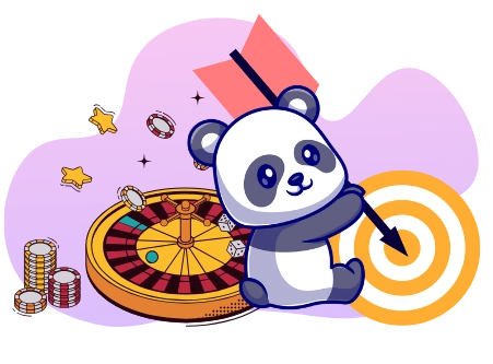 Eine Panda-Cartoonfigur hält eine Fahne und einen Pfeil und zielt auf eine Zielscheibe neben einem drehenden Rouletterad und Casino-Chips.