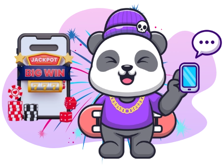 Eine coole Panda-Cartoonfigur mit einem Skateboard und einer goldenen Kette hält ein Handy und feiert einen „JACKPOT BIG WIN“ auf einem anderen Handy, mit Feuerwerk im Hintergrund.