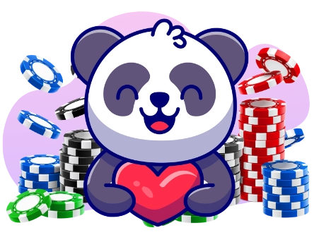 Ein Cartoon-Panda, der lächelt und ein rotes Herz hält, umgeben von Stapeln bunter Pokerchips.