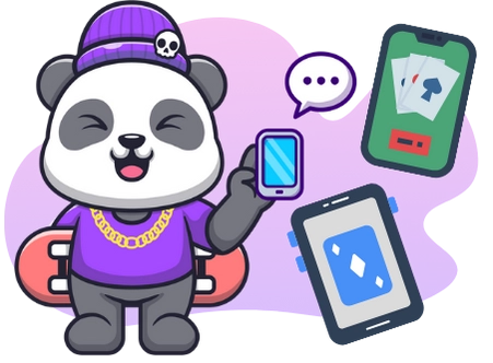 Ein Cartoon-Panda trägt eine Mütze und hält ein Handy, während er neben mehreren Smartphones steht, die Casino-Spiele anzeigen, was die Bequemlichkeit des Spielens von Online-Casino-Spielen auf mobilen Geräten suggeriert.