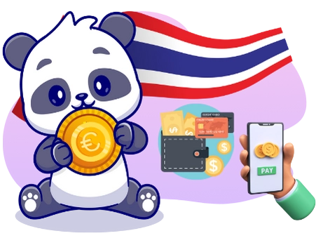 Ein Cartoon-Panda hält eine Euro-Münze und sitzt vor der thailändischen Flagge, mit einer Geldbörse, Kreditkarten und einem Smartphone mit einem 