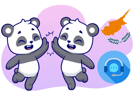 Zwei Cartoon-Pandas geben sich ein High-Five, mit der Flagge von Zypern und einem Kundensupport-Symbol im Hintergrund, was auf einen freundlichen und zugänglichen Service für Spieler aus Zypern hinweist.