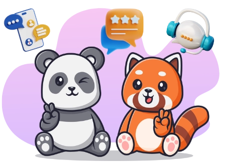 Ein Panda und ein roter Panda-Cartoon-Charakter sitzen zusammen, mit Symbolen für Kundensupport wie Sprechblasen, einem Headset und einer Fünf-Sterne-Bewertung im Hintergrund.