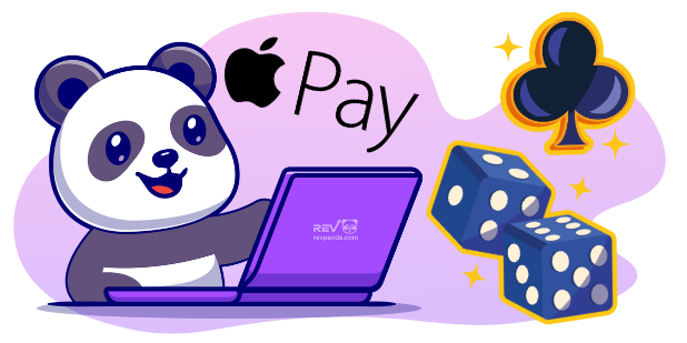 Ein Panda-Cartoon-Charakter benutzt einen Laptop mit dem Apple-Pay-Logo, Würfeln und einem Symbol eines Kartenspiels.