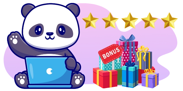 Ein süßer Panda winkt und benutzt einen Laptop, umgeben von fünf Sternen und einem Stapel Geschenkboxen mit einem "BONUS"-Etikett, was auf hochbewertete Online-Casinos mit großzügigen Boni hinweist.