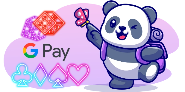 Ein Cartoon-Panda mit einem Rucksack und einem Schmetterling auf seinem Finger steht neben dem Google Pay-Logo und leuchtenden Spielkartensymbolen, was auf bequeme und unterhaltsame Online-Casino-Erlebnisse hinweist.