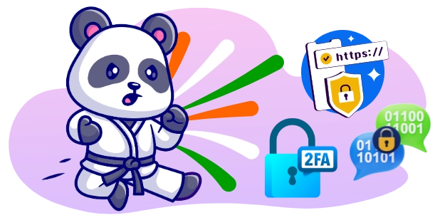 Eine Karate-kickende Panda-Cartoonfigur steht neben einem Schloss mit einem 2FA (Zwei-Faktor-Authentifizierung)-Symbol, einem Schild mit einem Schloss und dem Text „https://“, der eine sichere Website anzeigt.