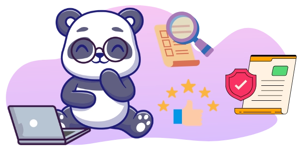 Eine Panda-Cartoonfigur mit Brille sitzt vor einem Laptop, umgeben von Symbolen für Qualitätssicherung, wie einer Lupe über einer Checkliste, fünf Sternen, einem Daumen hoch und einem Dokument mit einem Schild.