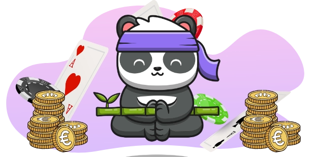 Ein Cartoon-Panda trägt ein Stirnband und meditiert, während er einen Bambusspross hält, umgeben von Spielkarten, Pokerchips und Münzen, was auf einen ruhigen und fokussierten Ansatz für Online-Casino-Spiele hinweist.