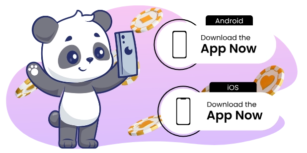 Eine süße Panda-Cartoonfigur hält ein Handy, umgeben von Münzen. Das Bild zeigt außerdem Schaltflächen zum Herunterladen der App für Android- und iOS-Geräte.