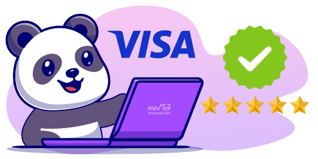 Ein Cartoon-Panda, der einen Laptop benutzt, auf dem das Visa-Logo deutlich sichtbar ist. Fünf Sterne und ein grünes Häkchen-Symbol sind ebenfalls zu sehen.