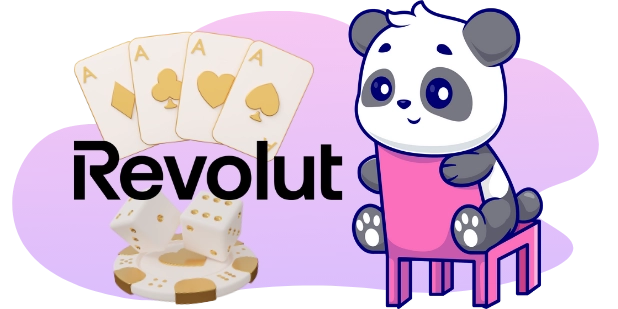 Ein Cartoon-Panda sitzt auf einem pinken Hocker neben dem Revolut-Logo, mit vier Assen und Würfeln im Hintergrund.