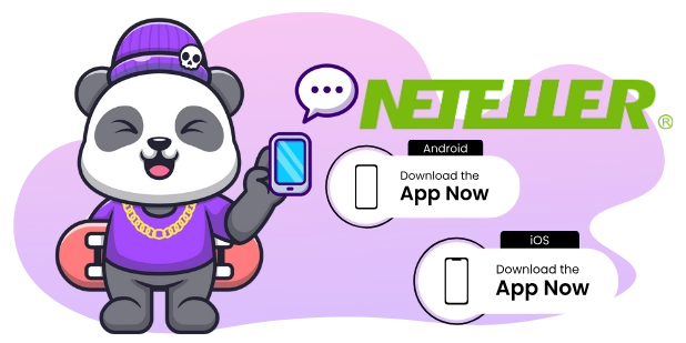 Eine coole Panda-Cartoonfigur mit einem Skateboard und einem Handy, zusammen mit dem „Neteller“-Logo und Aufforderungen, die App für Android- und iOS-Geräte herunterzuladen.