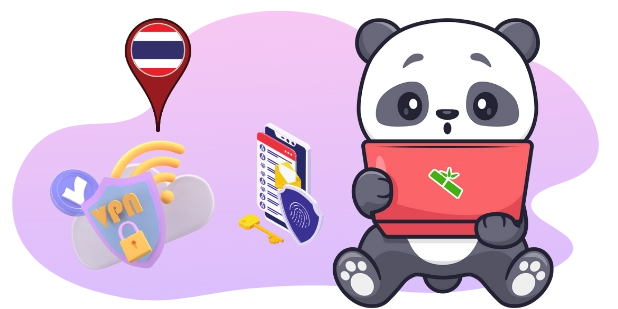 Ein überraschter Cartoon-Panda hält einen Laptop, mit der thailändischen Flagge, einem VPN-Schild und Sicherheits-Icons in der Nähe, was auf die Nutzung eines VPNs für Online-Aktivitäten in Thailand hinweist.