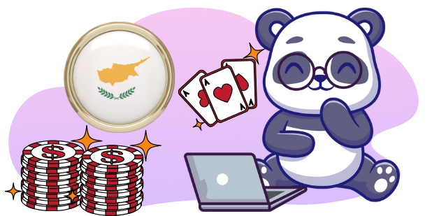 Ein Cartoon-Panda mit Brille sitzt mit einem Laptop neben der Flagge von Zypern, Spielkarten und einem Stapel Pokerchips, was auf Online-Glücksspielmöglichkeiten in Zypern hinweist.