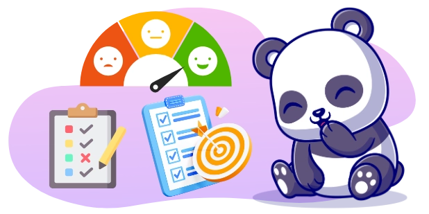 Ein Cartoon-Panda, der zufrieden aussieht, mit einem Kundenzufriedenheitsmesser, der eine hohe Punktzahl anzeigt, einer Checkliste mit Häkchen und Kreuzen sowie einer Checkliste mit einem Ziel.